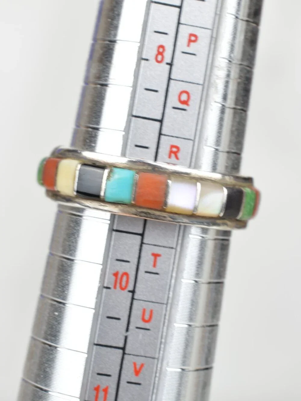 Vintage Navajo Sterling Silver Multi Stone Inlay Ring Band Sz 9 Southwest 4.3g - Picture 8 of 8